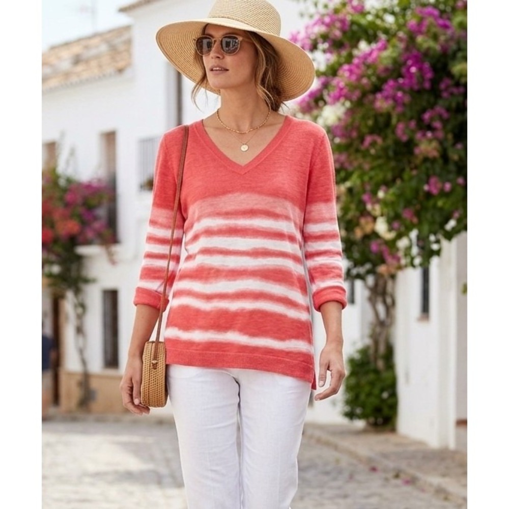 Talbots S Coral Orange & White Striped V-Neck Cotton Linen 3/4 Sleeve Sweater